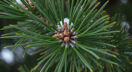 Capture macro images of pine needles and cones fallen or still attached to branches in autumn. Highlight warm tones, needle detail, and conifer textures in natural settings.

