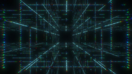 Neon grid on black background Retro 80s style. Green grid line retro background material