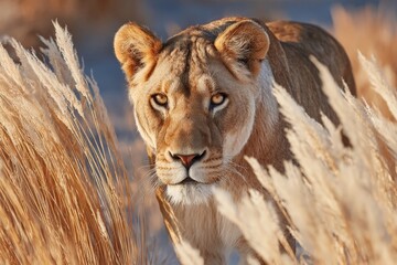 Fototapeta premium Lioness approaches through tall golden grass during a sunset in the savanna