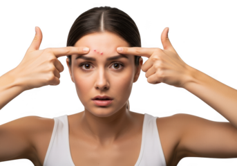 Young woman with acne and pimples on her forehead, pointing at blemishes, isolated on transparent background