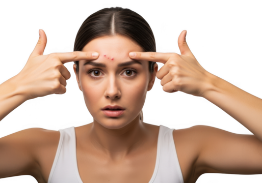 Young woman with acne and pimples on her forehead, pointing at blemishes, isolated on transparent background