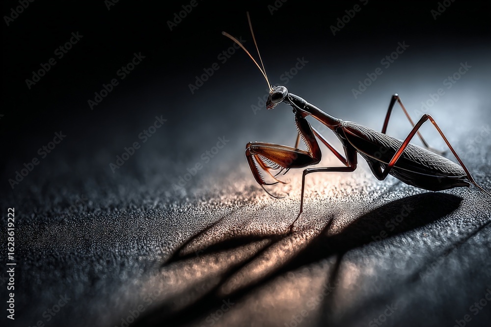 Poster close-up of a mantis resting on a dark surface, showcasing intricate details and shadows in soft lig