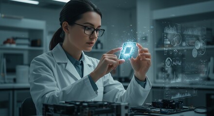 Female Scientist in Lab Examining Glowing Circuit Board with Futuristic Data Visualization, Technology and Innovation Concept