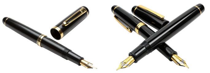 elegant black fountain pens with gold tips and a cap bundle