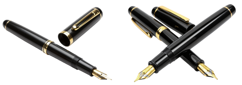 elegant black fountain pens with gold tips and a cap bundle