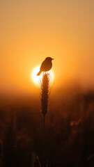 Silhouette of a Small Bird Perched on a Wheat Stalk at Sunset sunrise