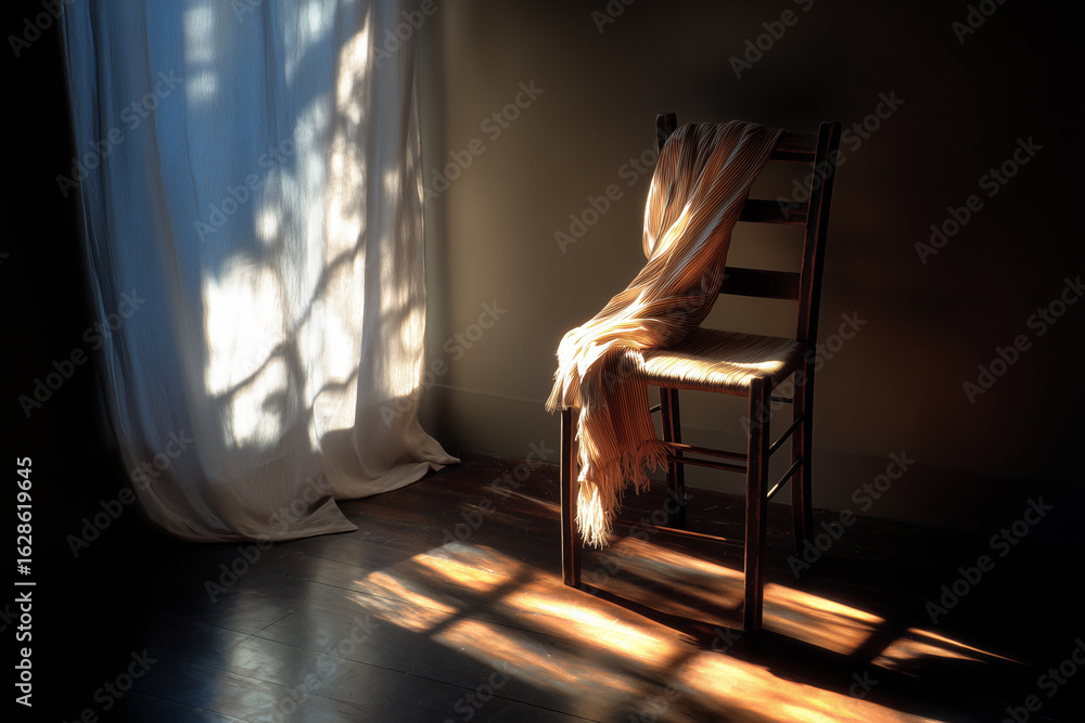 Poster sunlight streams through a window, illuminating a chair draped with a soft scarf in a tranquil indoo