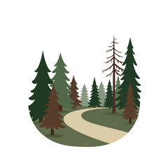 Obraz premium Circular vector of pine woods with natural trail, showcasing scenic wilderness and adventure vibes for eco-friendly badge design