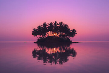 Silhouette of Palm Trees on a Small Island at Sunset with Purple Sky tropical
