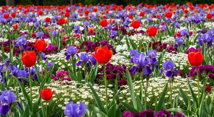 Vibrant Spring Flower Garden - A breathtaking field of colorful tulips and irises in full bloom, creating a vibrant and cheerful springtime scene