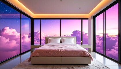 Dreamy Bedroom with Panoramic View of Pink Clouds and Starry Sky at Dusk