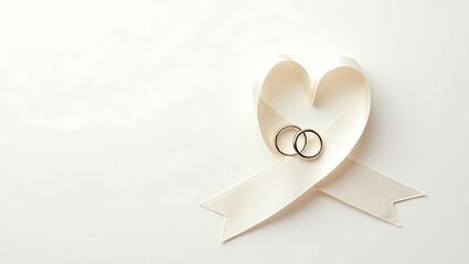 Wedding rings on heart shaped ribbon background perfect for wedding planning and engagement announcements