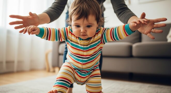 Baby learning to walk with parent support first steps development milestone infant toddler assistance 10 months