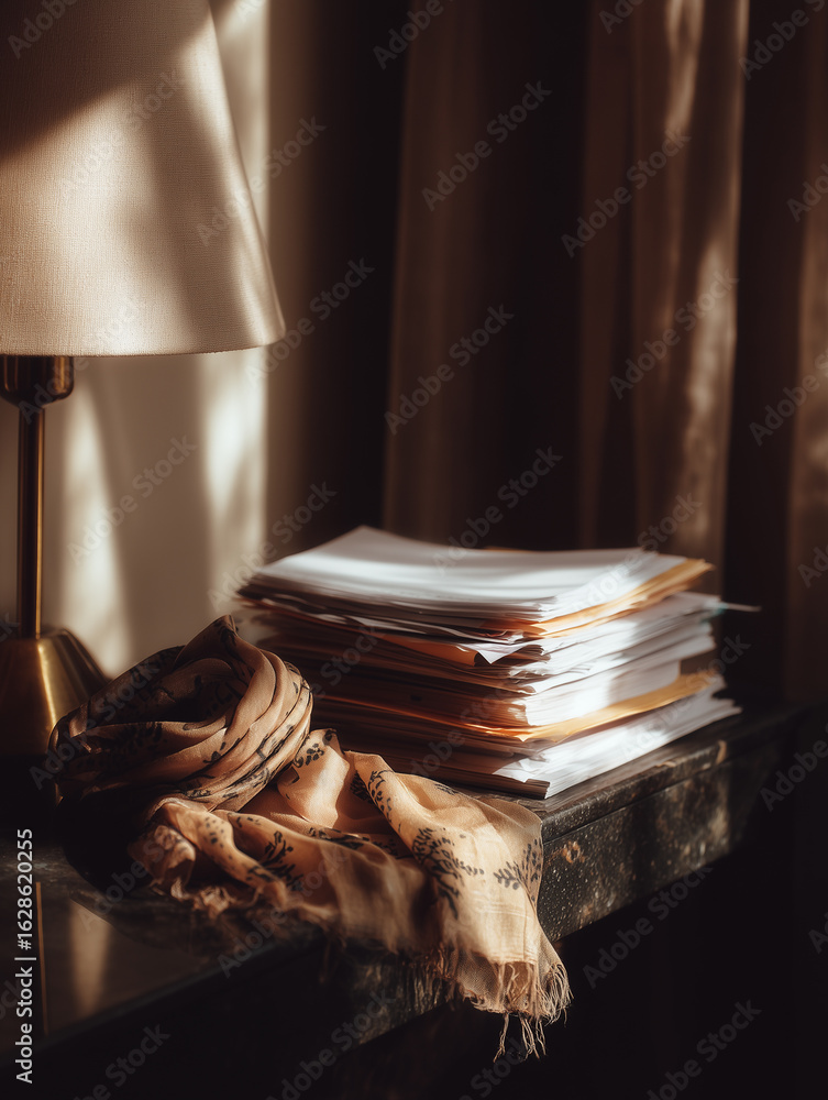 Poster stacks of documents illuminated by soft sunlight near a lamp and a scarf on a stylish surface in a c