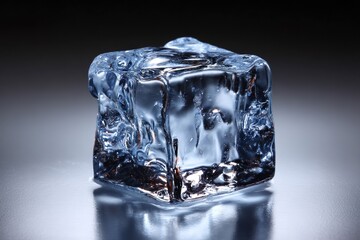 Obraz premium High-resolution close-up of a single melting ice cube placed on a reflective surface, captured in a controlled studio setting. The transparency, water droplets, and intricate details of frozen air bub