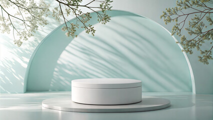 Minimalist white cylindrical pedestal with delicate branches and soft shadows white pedestal cylindrical podium