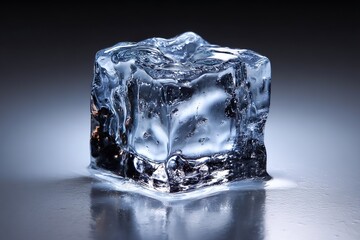 Obraz premium High-resolution close-up of a single melting ice cube placed on a reflective surface, captured in a controlled studio setting. The transparency, water droplets, and intricate details of frozen air bub