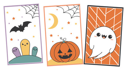 Three halloween themed posts featuring a witch, bats, pumpkins, and a sale announcement on a dark background