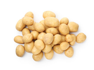 Many fresh raw potatoes isolated on white, top view