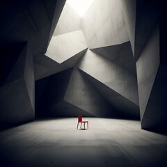 A striking single red chair sits in a vast, empty concrete room with dramatic angular architecture, illuminated by a bright skylight.