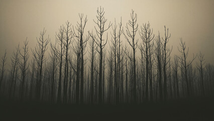 Silhouetted Bare Trees in a Misty Forest Landscape silhouetted trees dark forest