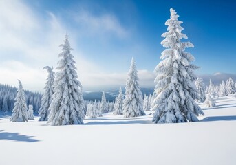 Obraz premium Winter Wonderland Snow Covered Trees - Majestic snow covered evergreen trees on a bright winter day, creating a serene winter landscape