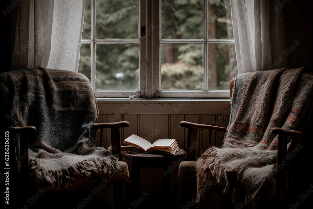 Aufkleber cozy chairs by a window with a blanket and an open book inviting relaxation and reflection