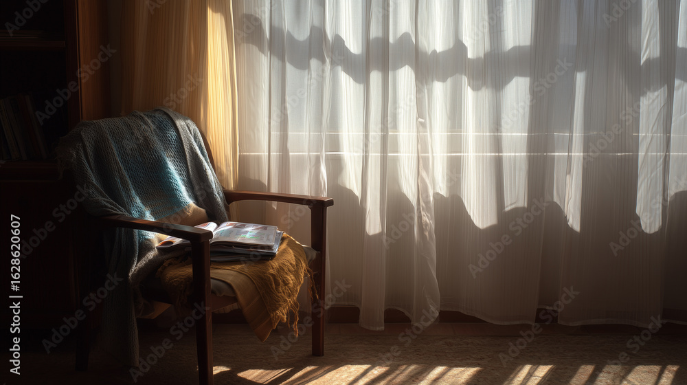 Aufkleber light filtering through sheer curtains creates a warm and inviting atmosphere in a cozy reading nook