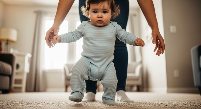 Baby first steps learning to walk with mother support at home happy family parenting milestone development