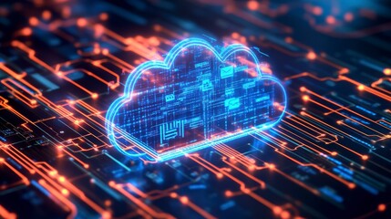 Abstract glowing cloud computing icon on a circuit board.