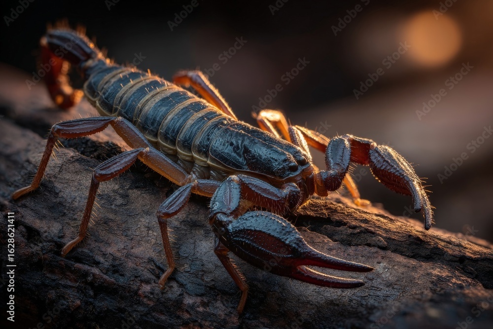 Poster scorpion crawling on a log at dusk with golden background illuminating its features