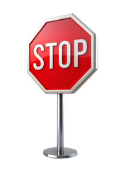 3D Render of a Red Stop Sign on a Post on transparent background