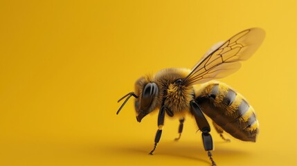 A detailed macro image of a honey bee on a yellow background, a nature concept.