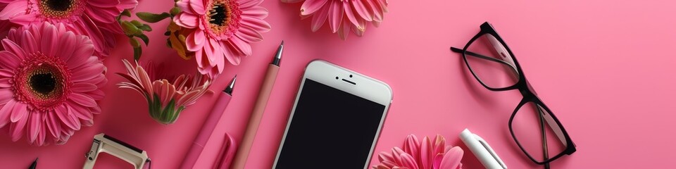 Stylish feminine workspace flat lay with gerbera flowers, phone, and glasses