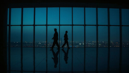 Silhouettes of two people walking in a modern office building at dusk with city lights visible through large windows