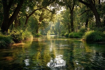 Tranquil river flows through lush forest under soft sunlight in a serene natural setting