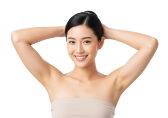 Beautiful young asian woman smiling with arms raised behind her head, isolated on transparent background