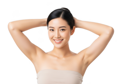 Beautiful young asian woman smiling with arms raised behind her head, isolated on transparent background