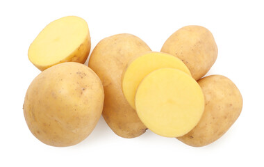 Whole and cut potatoes isolated on white, top view