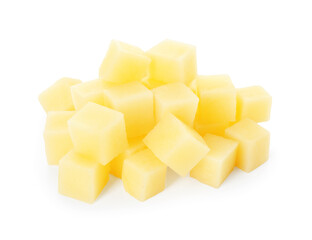 Pieces of raw potatoes isolated on white