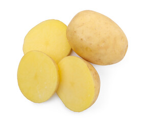 Whole and cut potatoes isolated on white, top view