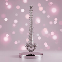 Silver human spine model with pelvis on a reflective pedestal with pink bokeh background