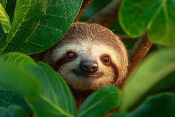 Fototapeta premium Sloth peeking through lush green leaves in a tropical forest during daytime