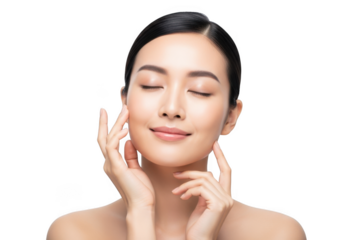 Beautiful young asian woman with closed eyes and smooth skin, gently touching her face, isolated on transparent background