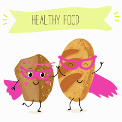 Baked food funny characters, hand drawn vector illustration.