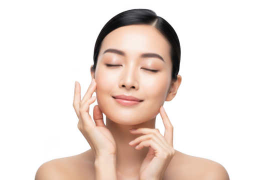 Beautiful young asian woman with closed eyes and smooth skin, gently touching her face, isolated on transparent background
