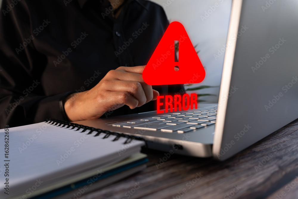 Poster a person pointing at a warner sign icon with the word error below it