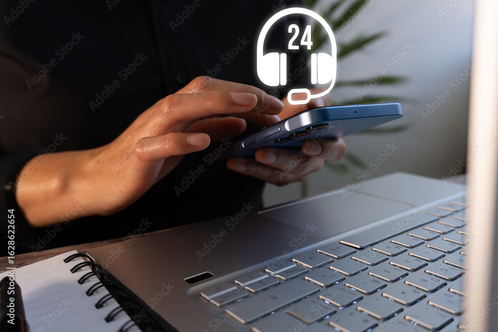 Poster 24-hour customer service concept. a person sitting in front of their laptop while using a cell phone