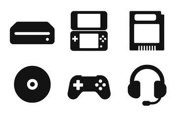 Black and white filled icons of gaming consoles and accessories including retro controller and handheld device. Perfect for UI packs and stock illustrations. © VectorGomes
