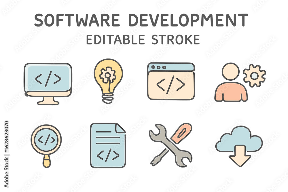 Poster icons representing various aspects of software development with editable strokes in a modern design 